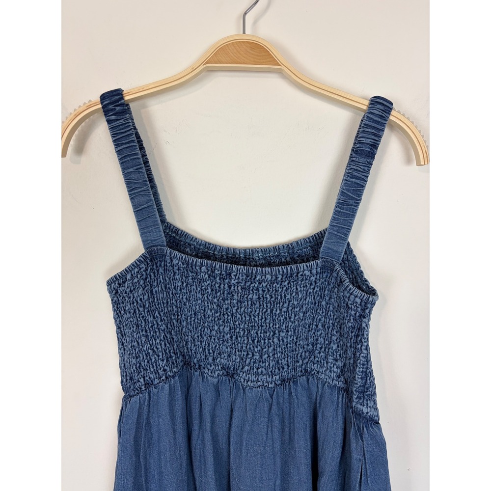 Marine Layer Selene Maxi Dress Medium Chambray Blue Smocked Tiered Linen Blend - Picture 7 of 11
